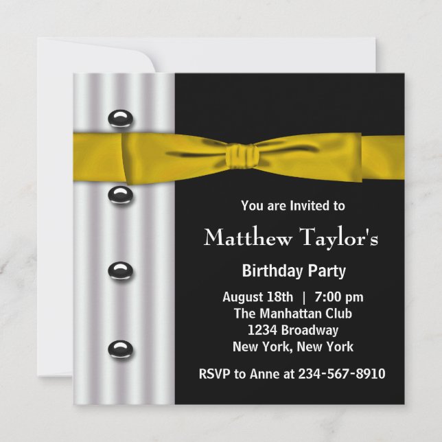Tuxedo Gold Bow Tie Mens Birthday Party Invitation (Front)