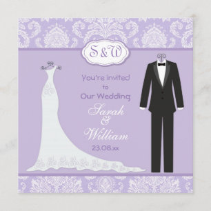 Tuxedo & Gown on lavender lilac damask Wedding Invitation
