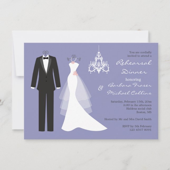 Tuxedo, gown on violet Rehearsal Dinner Invitation (Front)