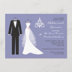 Tuxedo, gown on violet Rehearsal Dinner Invitation