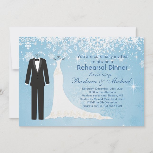 Tuxedo gown snowflakes Rehearsal Dinner Invitation (Front)