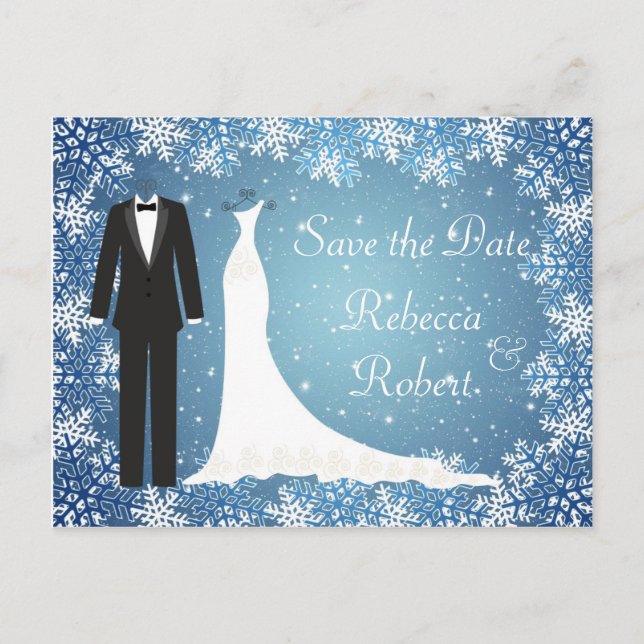 Tuxedo, Gown, Snowflakes Save the Date Postcard (Front)