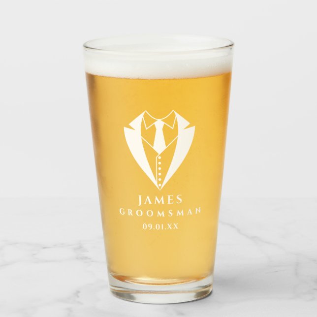 Tuxedo Groomsman Custom Personalized Beer Tumbler (Front Filled)