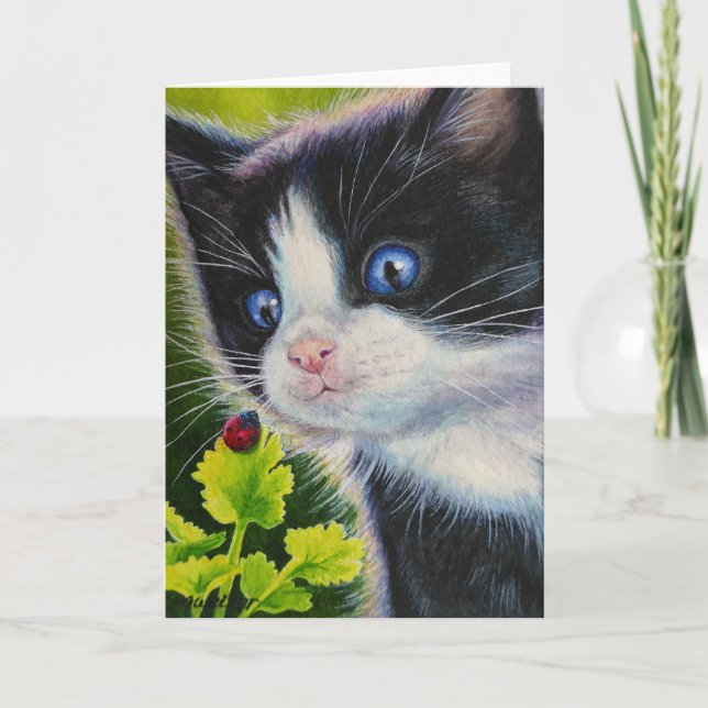 Tuxedo Kitten & Ladybug Watercolor Art Card (Front)
