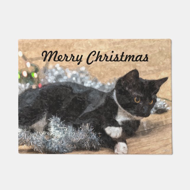 Tuxedo Kitten Tinsel and Lights Door Mat (Front)