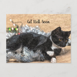 Tuxedo Kitten Tinsel and Lights Get Well Postcard