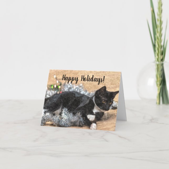 Tuxedo Kitten Tinsel and Lights Holiday Card (Front)