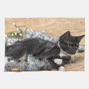 Tuxedo Kitten Tinsel and Lights Painterly Kitchen Towel