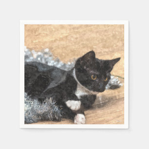Tuxedo Kitten Tinsel and Lights Painterly Napkin