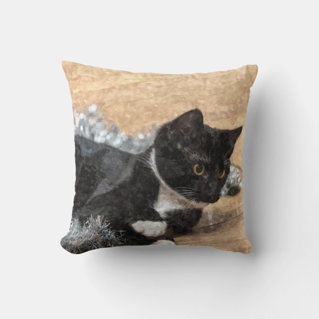 Tuxedo Kitten Tinsel and Lights Painterly Throw Pillow (Front)