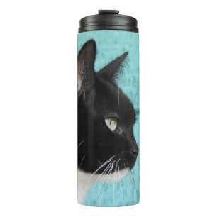 Tuxedo Kitty Cat on Teal Thermal Tumbler