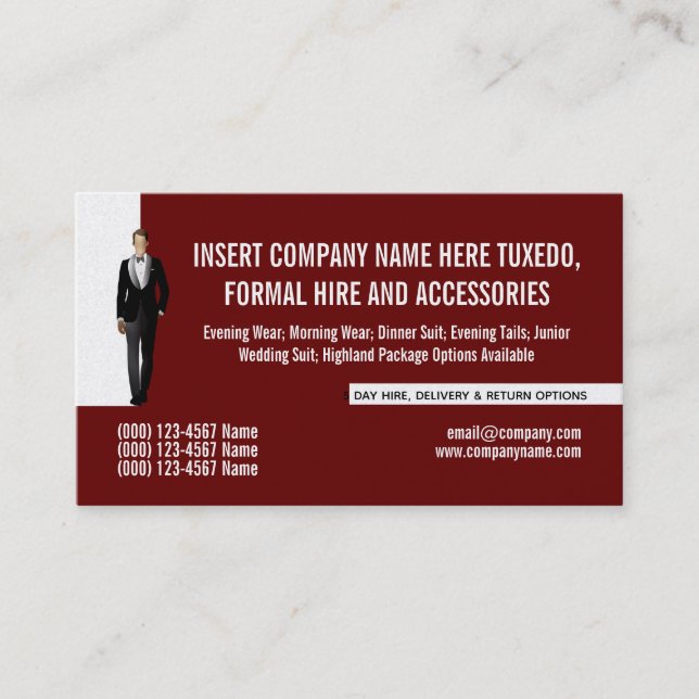 Tuxedo man formal suit renting business DIY maroon Card (Front)