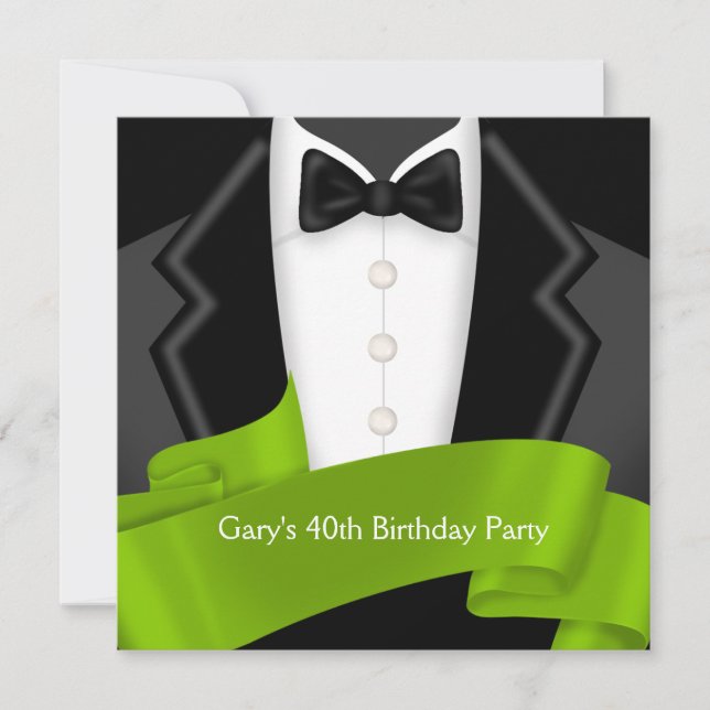 Tuxedo Mans Black Green 40th Birthday Party Invitation (Front)