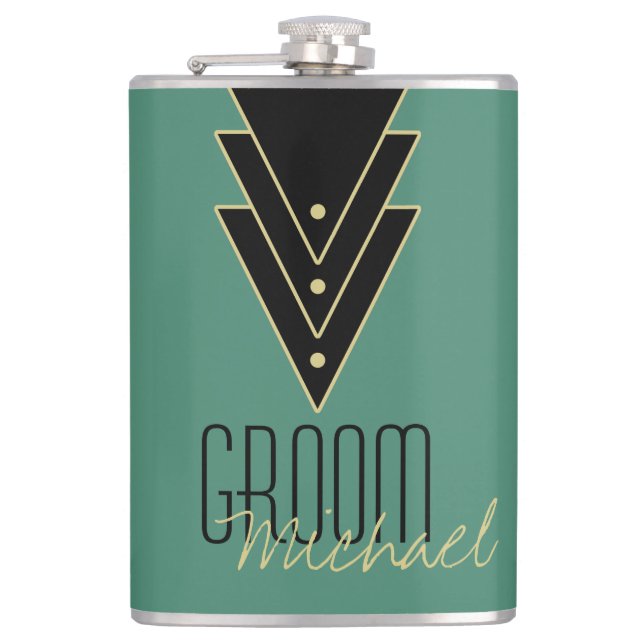 Tuxedo Modern Art Deco Groom Hip Flask (Front)