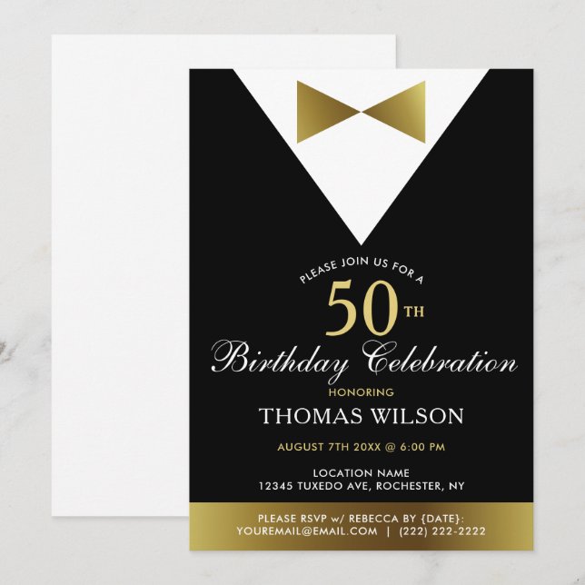 Tuxedo noir et or | 50e anniversaire Invitations (Devant / Derrière)