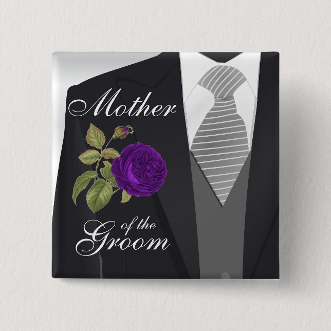 Tuxedo Suit Team Groom  - Purple Rose 2 Inch Square Button (Front)