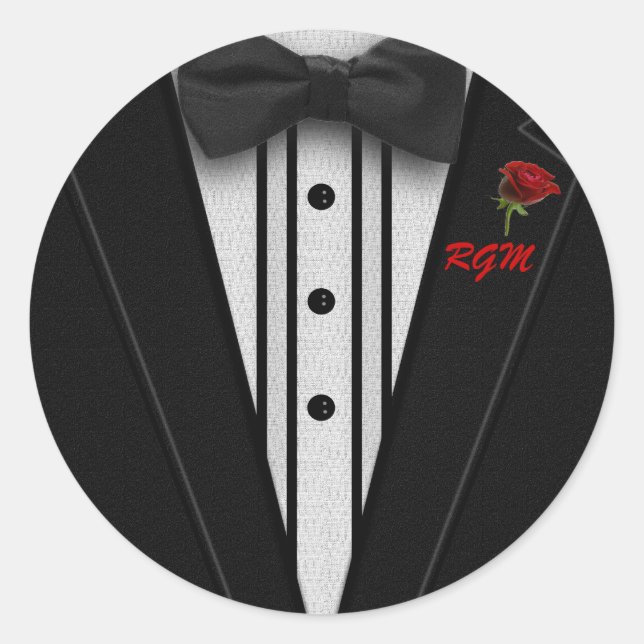 Tuxedo with Bow Tie Monogram Classic Round Sticker (Front)