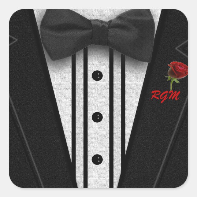 Tuxedo with Bow Tie Monogram Square Sticker (Front)