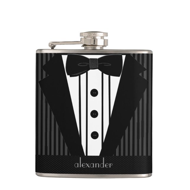 Tuxedo With Personalized Name Hip Flask (Front)