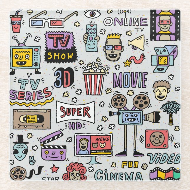 TV Series Doodles: Funny Vintage Set. Glass Coaster (Front)