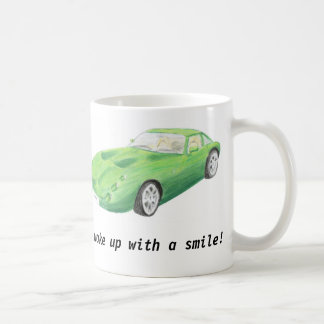 TVR Tuscan, green car mug "wake up with a smile"