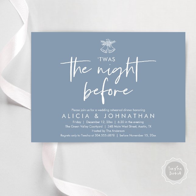 Twas The Night Before, Wedding Rehearsal Dinner Invitation (Twas The Night Before Wedding Rehearsal Dinner Party Invites Card mistletoe wedding bell dusty blue)