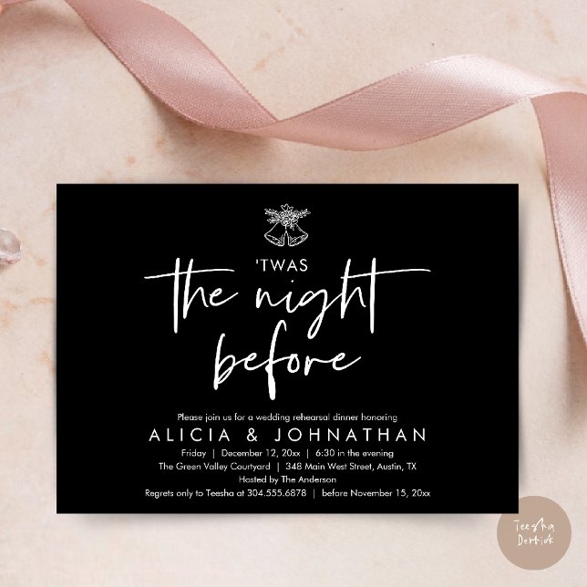 Twas The Night Before, Wedding Rehearsal Dinner Invitation (Twas The Night Before Wedding Rehearsal Dinner Party Invites Card mistletoe wedding bell Black White)
