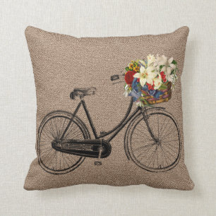 Tweed brown bicycle flower Throw pillow