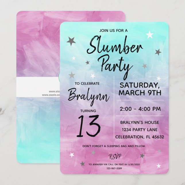 Tween Girl Birthday Slumber Party Watercolor Invitation (Front/Back)