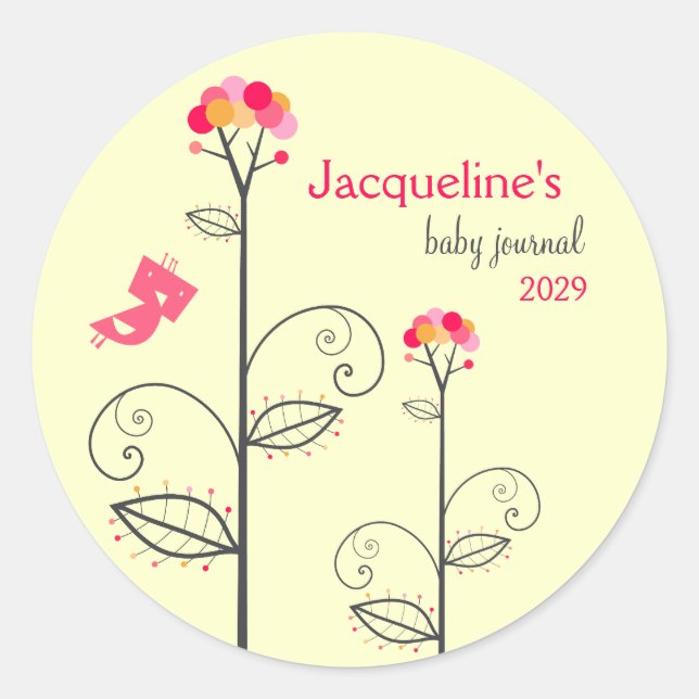 Tweet Bird And Pink Dots Bloom Tree Baby Bookplate Classic Round Sticker (Front)