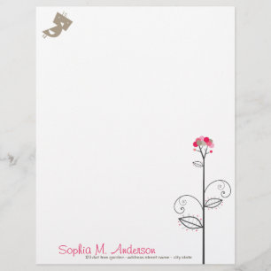 Tweet Bird And Whimsical Cute Bloom Tree Pink Dots Letterhead