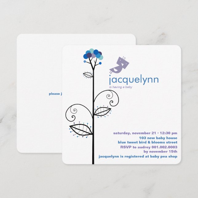 Tweet Bird Blue Bloom Dots Tree Chic Baby Shower Invitation (Front/Back)