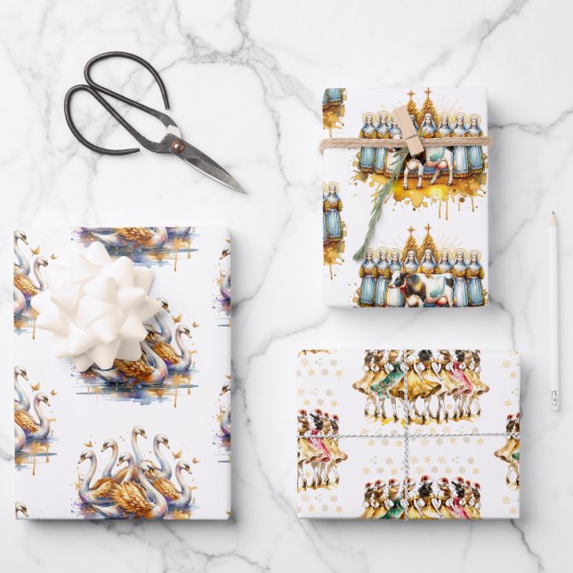 Twelve Days of Christmas Festive Gold Wrapping Paper Sheet (Front)