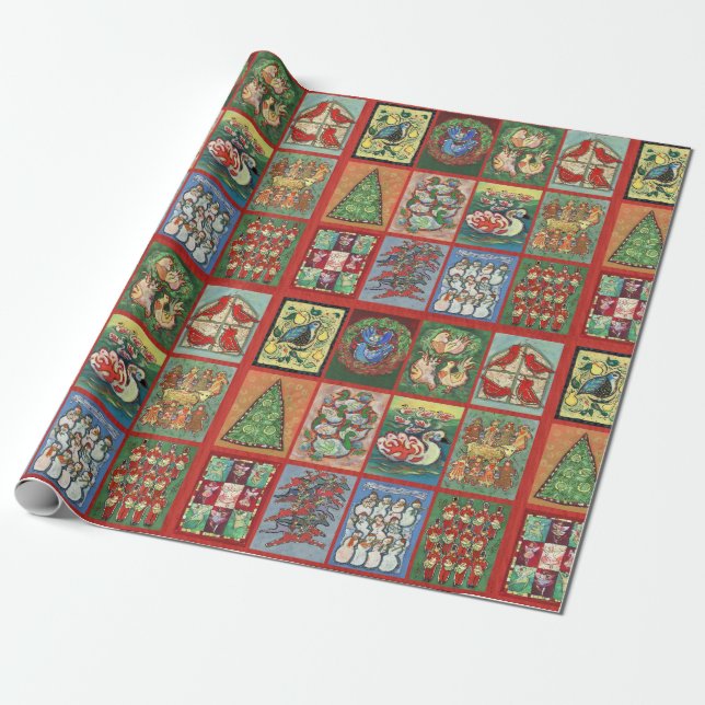 Twelve Days of Christmas Red Wrapping Paper (Unrolled)