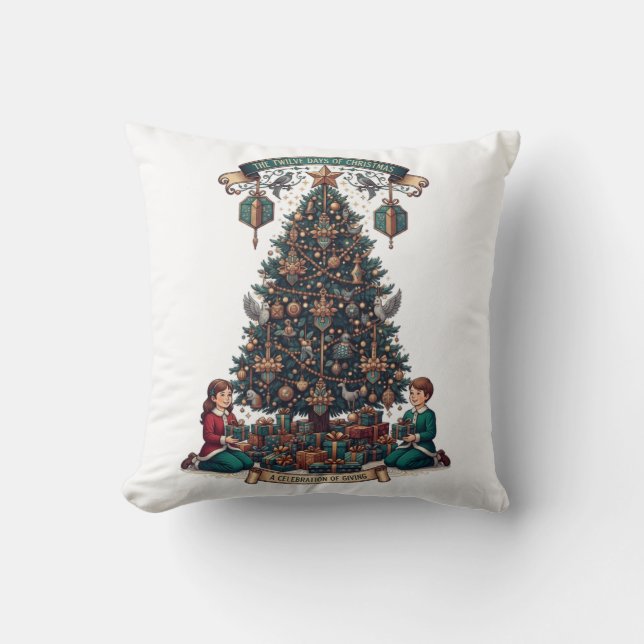 Twelve Days of Christmas T-Shirt, Ornate Gift Tree Throw Pillow (Front)