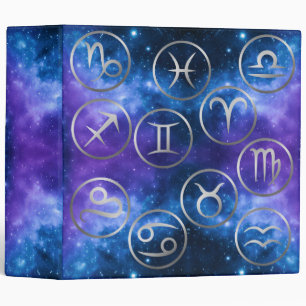 Twelve Grey Zodiac Symbols on blue galaxy Binder