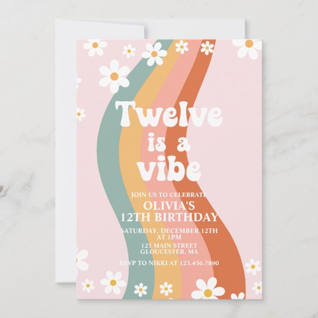 Twelve is a Vibe groovy rainbow 12th birthday In Invitation (Front)