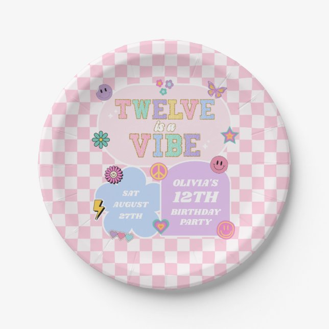 Twelve Is A Vibe Preppy Patch 12th Birthday Party Paper Plate (Front)