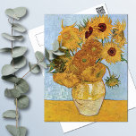 Twelve Sunflowers Vincent Van Gogh Postcard<br><div class="desc">A fine art postcard with the oil painting,  Vase with Twelve Sunflowers (1888),  by Vincent van Gogh (1853-1890). A stoneware vase with yellow flowers against a light blue background.</div>
