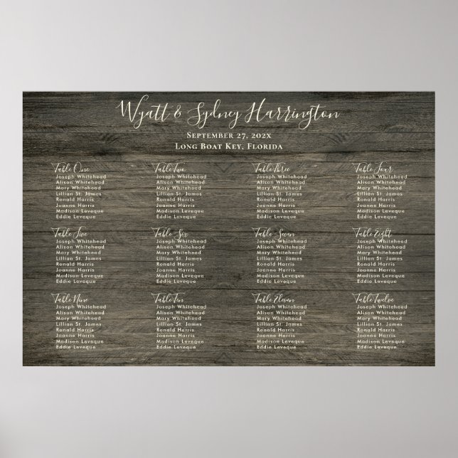 Twelve Table Dark Wood Grain Table Seating Chart (Front)