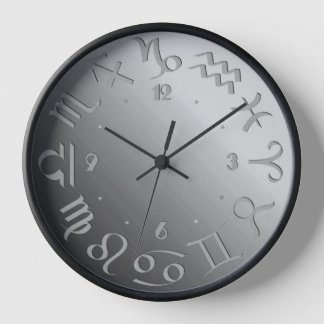 Twelve Zodiac Symbols in Silver Grey Clock