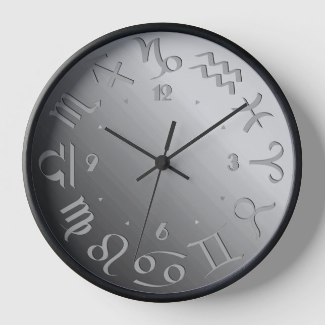 Twelve Zodiac Symbols in Silver Grey  Clock (Front)