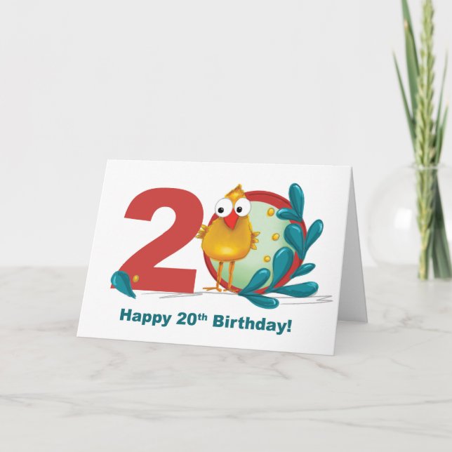 Twentieth 20 Birthday with Funny Bird and Branch Card (Front)