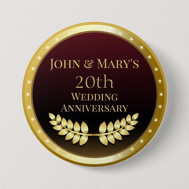 Twentieth Wedding Anniversary Gold Medal 3 Inch Round Button (Front)