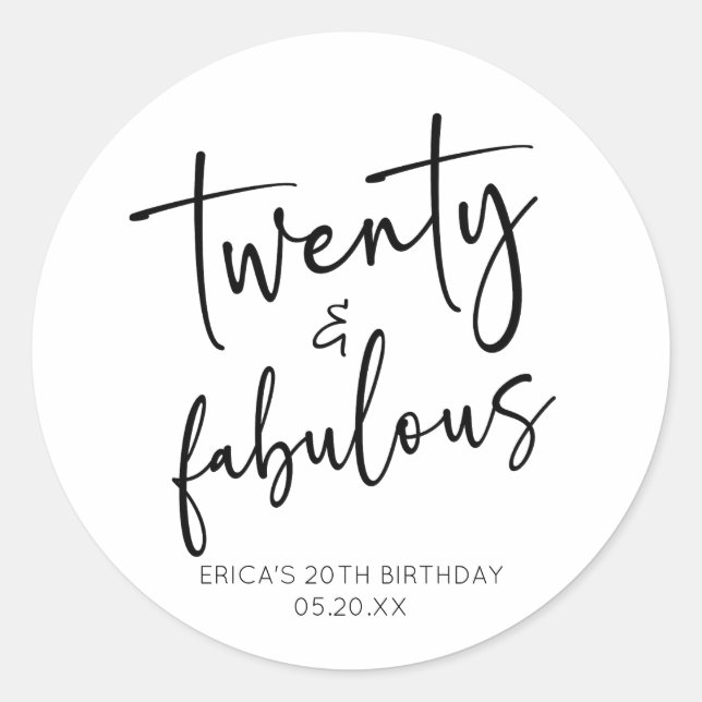Twenty & Fabulous Minimalist 20th Birthday Party Classic Round Sticker (Front)