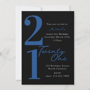 Twenty First 21st Birthday Black Blue Modern Invitation