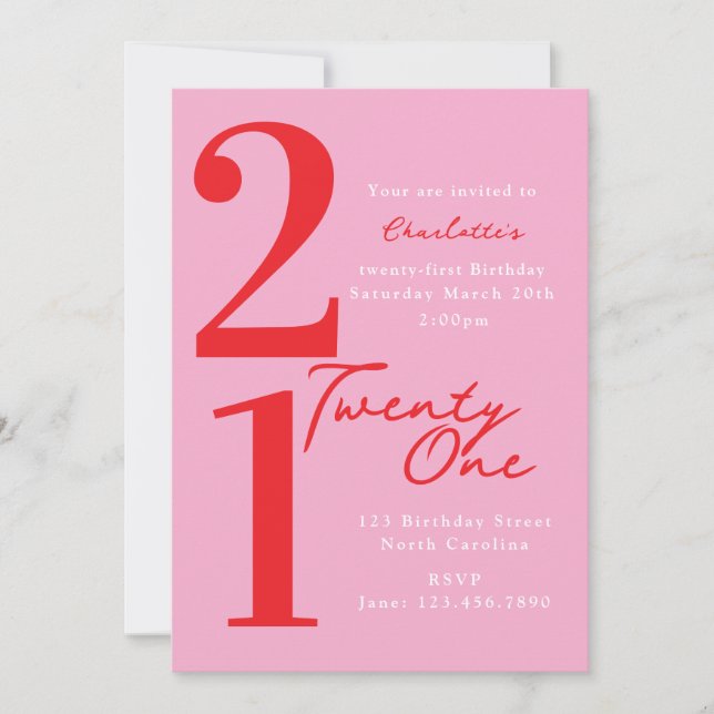 Twenty First 21st Birthday Pink Red Modern Invitation (Front)