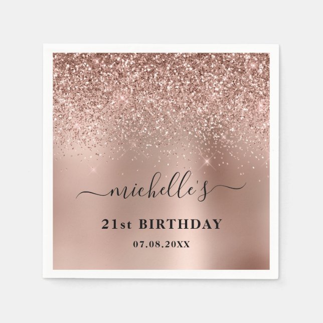 Twenty First Birthday Rose Gold Glitter Name Napkin (Front)