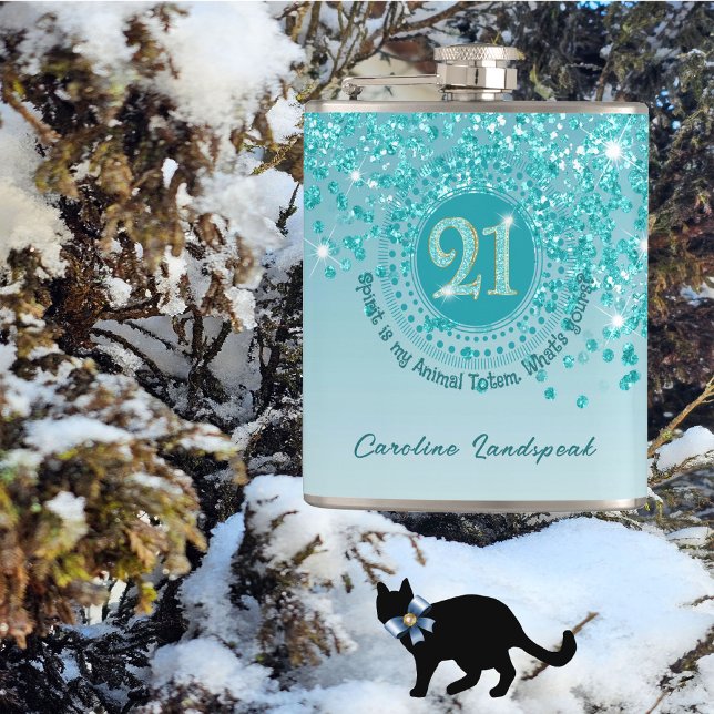 Twenty First & Teal Blue Glitter & Drinking Quote Hip Flask (Creator Uploaded)