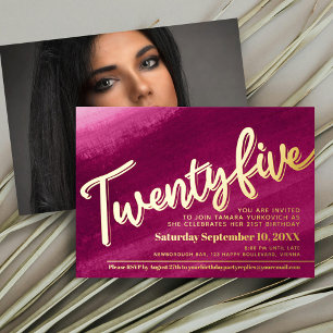 Twenty five 25th Birthday party gold red pink wash
